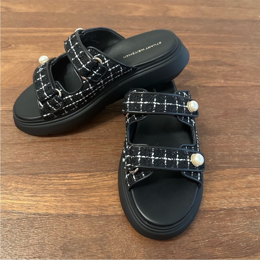 Stuart Weitzman Tweed Pearl Platform Slide Sandals Black White Size 7.5 NIB - Picture 7 of 11